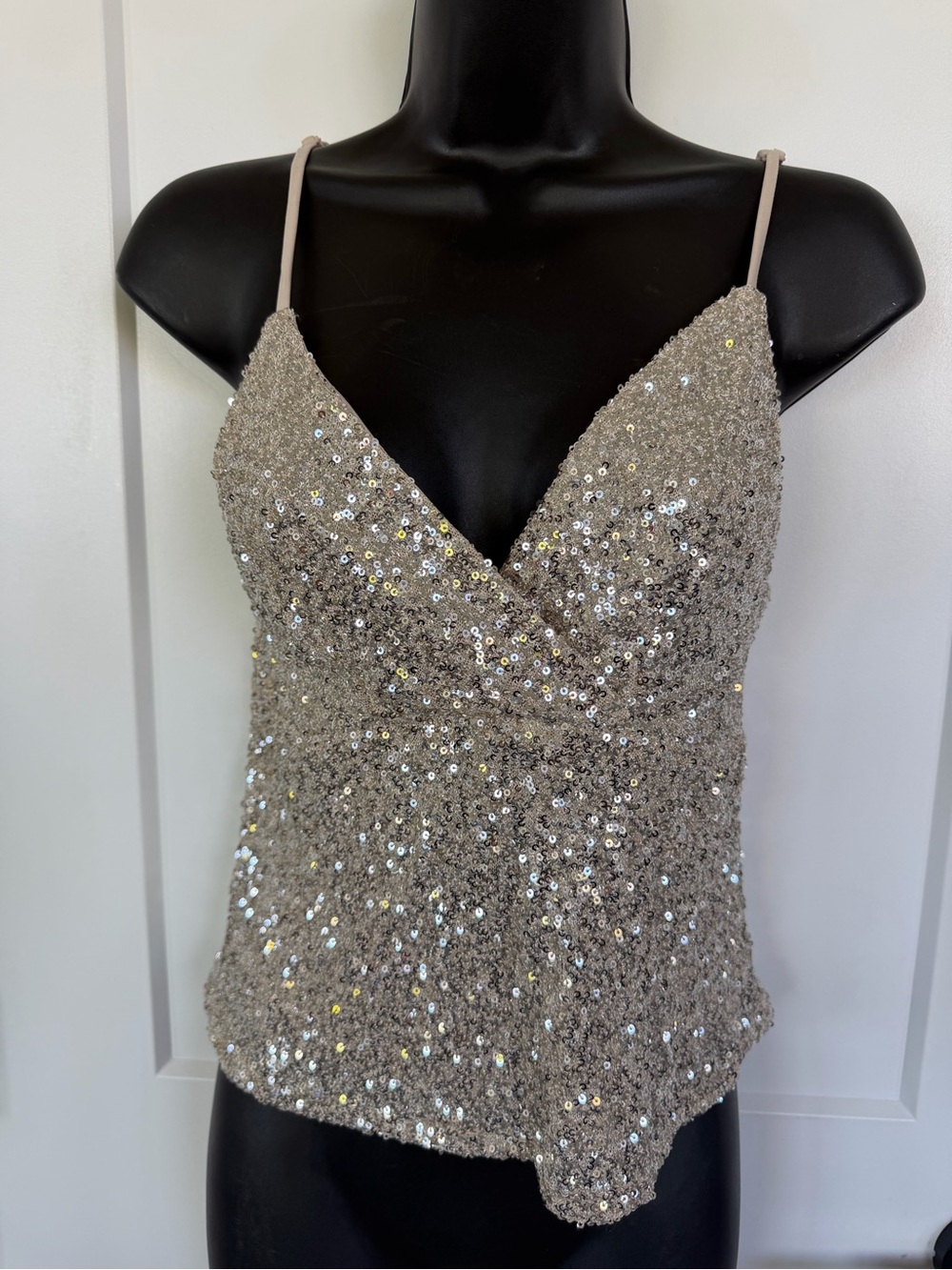 Sequin V-Neck Camisole style Spaghetti Strap Tank Top - Silver sequins - lined,